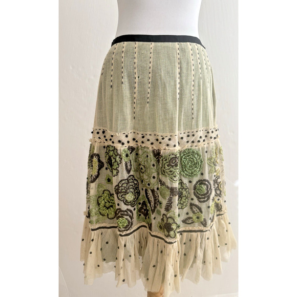 Easton Pearson Peasant Skirt S Cream Tulle Overlay Green Cotton Slip Embroidered - Picture 8 of 16